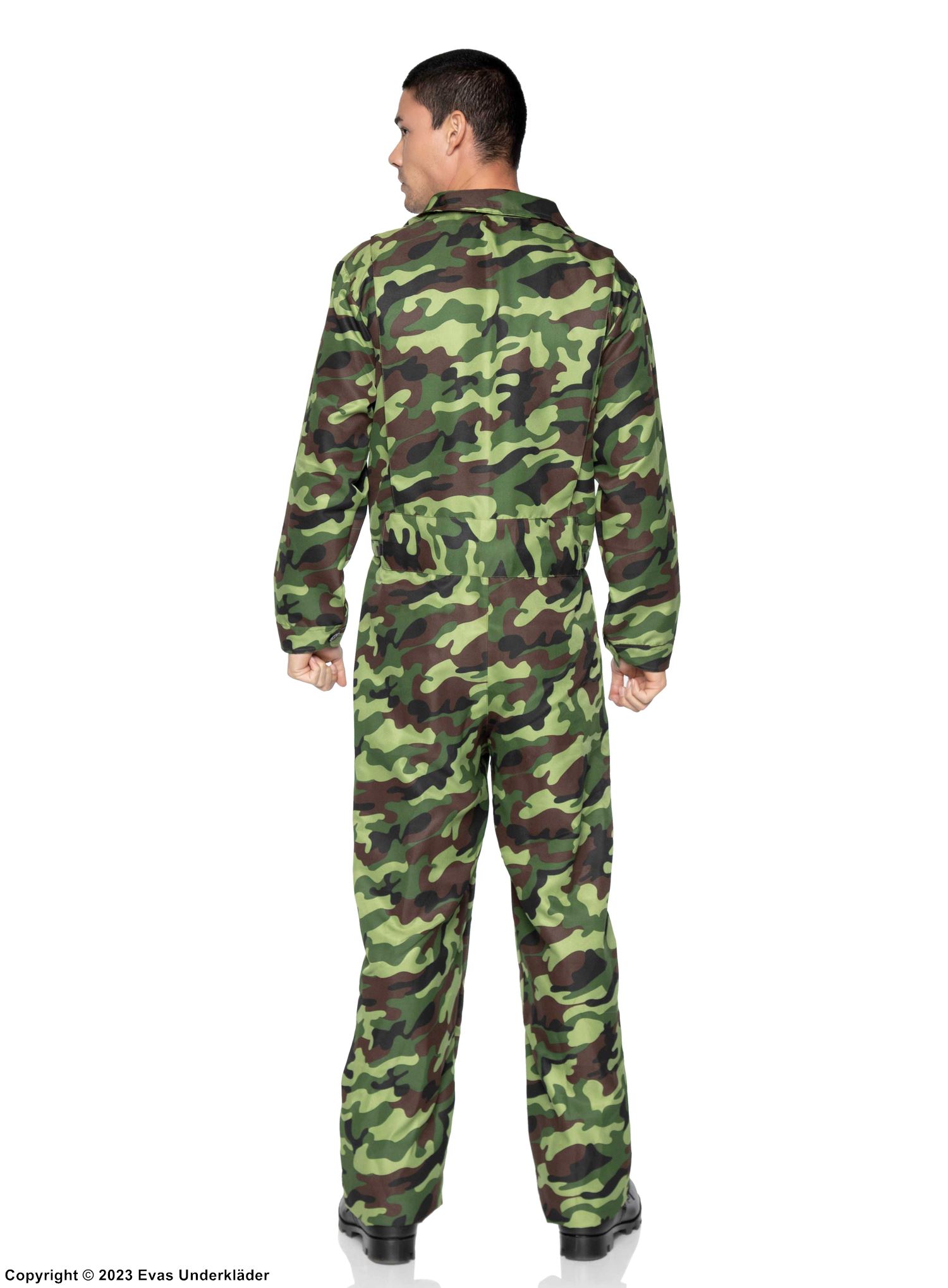 Jumpsuit-dräkt med dragkedja på framsidan och långa ärmar, kamouflagemönstrad